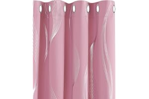 Deconovo Lot de 2 Rideaux Chambre Enfant Fille Motif Ligne Argenté Salon Décoration Rideau Cuisine Restaurant Occultant Thermique Anti Froid à Oeillets 140x180cm Rose
