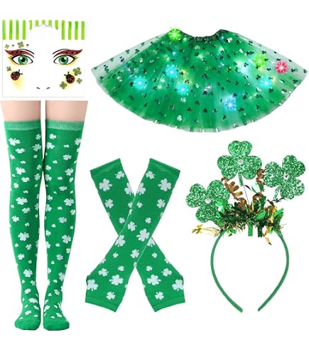 Costume San Patrizio LED Per Bambini E Adulti – Tutù Con Luci, Gonna Di Tulle, Cerchietto, Guanti E Calzini Alti, Per Carnevale E Feste Irlandesi