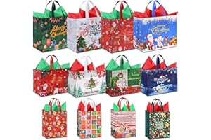 AhfuLife 12Pz Sacchetti di Natale con Carta Colorata, Sacchetti Natalizie Riutilizzabili con Manici, Borse Regalo Natale, Includere 4 Grandi, 4 Medi e 4 Piccoli Borse Natalizie in Tessuto Non Tessuto