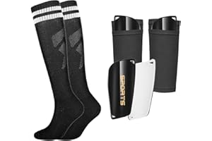 Aquzhou Kids Football Socks Set with Shin Pads Boys and Shin Pad Sleeves, Aged 6-13 Boys Football Socks Cushioned Knee High Breathable Girls Boys Soccer Sock for Kids Junior