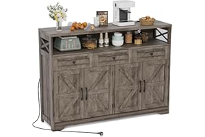 FiveWillowise Kitchen Cabinet, Sideboard with Drawers and Open Shelf, Sideboard, Kitchen Cabinet, Coffee Bar Cabinet for Kitchen, Dining Room, Living Room, 130 x 35 x 95 cm, Grey