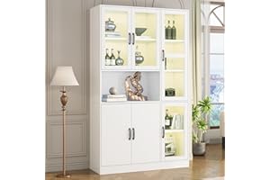 Rtopsu Vitrine Weiß Sideboard Standschrank mit LED-Beleuchtung, Vorratsschrank Bücherregale Glasvitrine Schrank mit 6 Türen und 9 Stauraum Schränken für Wohnzimmer Schlafzimmer, 200x120x40 cm