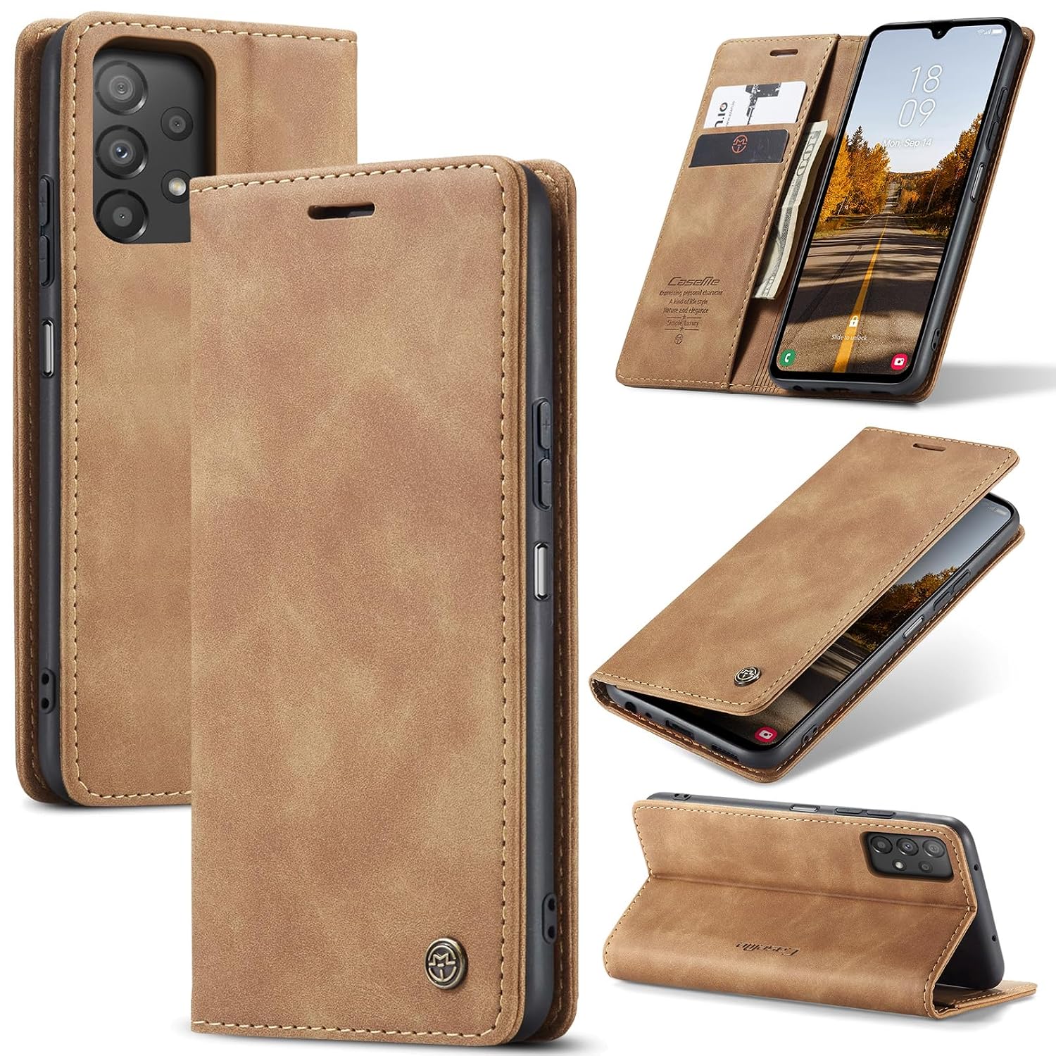 Azororo Beschermhoes voor Samsung Galaxy A52 5G, premium lederen beschermhoes, portefeuille, flip case, magneetsluiting, beschermhoes voor Samsung Galaxy A52, bruin