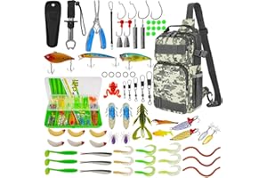 THKFISH Juego de 79 bolsas de pesca, mochila impermeable con cajas, bolsa de pesca, incluye alicates, cebos, removedor de anzuelos y agarre de labios