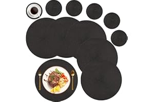 MI CASA Round Placemats and Coasters Set of 6, Round Braided Woven Place Mats Washable Heat Resistant Table Mats for Kitchen Dining Table Home Restaurant, Black
