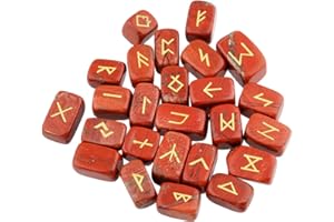 mookaitedecor Natural Red Jasper Runes Stones Set of 25, Viking Norse Runes with Elder Futhark Alphabet Symbol for Divination Reiki Healing Crystal Witchcraft Pagan Supplies Spiritual Gift Room Decor