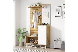 ModernLuxe Eingangsschrank Wandgarderobe Garderoben-Set aus Holz mit Spiegel, Schuhbank, Schublade, Regal und Kleiderhaken – 104 x 39 x 190cm Holzfarbe
