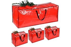 DUZLEE 4 Pack Extra Large Christmas Tree Storage Bag with 3 Christmas Decoration Bags for Christmas Trees, Baubles, Xmas Tree Storage Box Easy to Carry, Waterproof Storage Bags (Red)