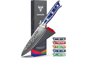 SANMUZUO Couteau Tout Usage Professionnel - Lame 13 cm en VG-10 67 Couches Damas Acier - Poignée en Résine Bleu Saphir - Série Xuan