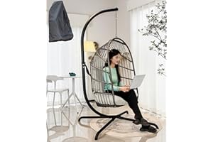 Mojia Patio Wicker Hanging Egg Swing Chair with Stand, Hammock Egg Chairs Foldable UV Resistant Cushions 440lbs Capaticy (Gray)