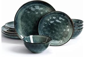 Richmount Ocean 12 Piece Dinner Set, 3D Wave Relief Irregularly Shaped Plates and Bowls Set, Dinner Sets for 4, Reactive Glaze Dinnerware Sets, Dishwasher & Microwave Safe, Stylish & Durable, Green