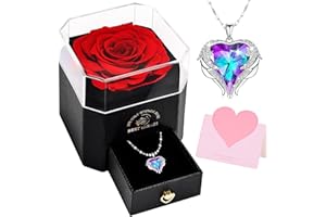 MestectPET Handgefertigte Ewige Rose Box, 8 cm Große Konservierte Rosen mit Blau-lila Edelstein Halskette Valentinstag Hochzeit Jahrestag Geburtstag Ehefrau Mutter Schwester