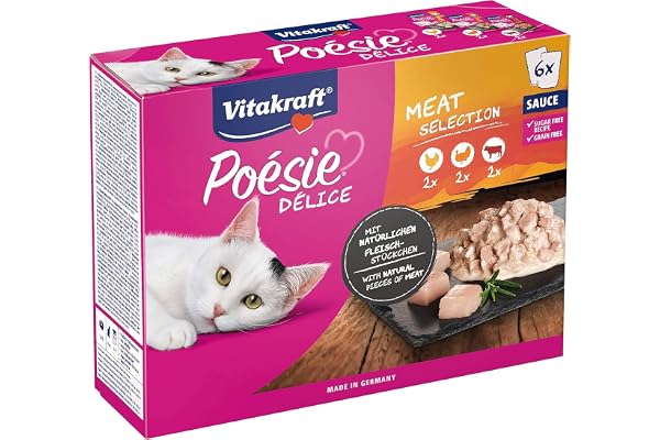 Vitakraft Poésie Délice - Repas en Sauce pour Chat Adulte - Assortiment à la Viande: Poulet, Dinde et bœuf - Recette sans céréales ni Sucre ajouté (6 x 85g)
