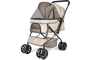 VIRZEN Haustier-Kinderwagen – Hunde-Kinderwagen für mittelgroße Hunde und Katzen mit wendbarem Griff, leicht zu gehender Hunde-Kinderwagen um 360 Grad drehbar, für kleine Hunde mit Netzfenster (Khaki farbe)