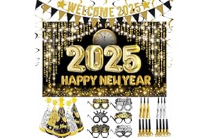 LECONCES Silvester Deko 2025 Neujahr Party Dekoration Set, XXL Happy New Year 2025 Deko, Neujahr Partyhüte Silvester Partybrille Neujahr Partytröten, Welcome 2025 Girlande, 2025 Neujahr Dekoration Set.