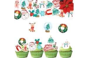 Gleevio 50 Stück Tortendeko Weihnachten Essbar, 12 Stile Kuchen Deko Weihnachten Esspapier, Merry Christmas Cupcake Topper, Essbare Weihnachtsdeko Muffin Deko Rentier Weihnachtsbaum Schneemann