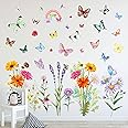 Flower Wall Stickers Colorful Butterfly Wall Stickers Garden Flower Wall Decals Daisy Wildflower Butterflies Rainbow Wall Stickers for Nursery Girls Boys Kids Bedroom Living Room Wall Decoration
