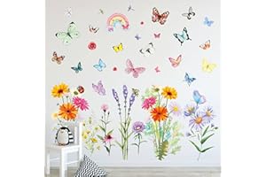AOMAIC Flower Wall Stickers Colorful Butterfly Wall Stickers Daisy Rainbow Wall Stickers Kids Wildflower Butterflies Wall Stickers for Kids Girls Bedrooms Living Room Nursery Decoration