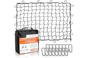 Seven Sparta 5’ x 7’ Bungee Cargo Net Stretches to 10' x 14' for Truck Bed, Pickup Bed, Trailer, Trunk, SUV with 16 Bonus D Clip Carabiners Car Organizer Net for Large Loads (Black)