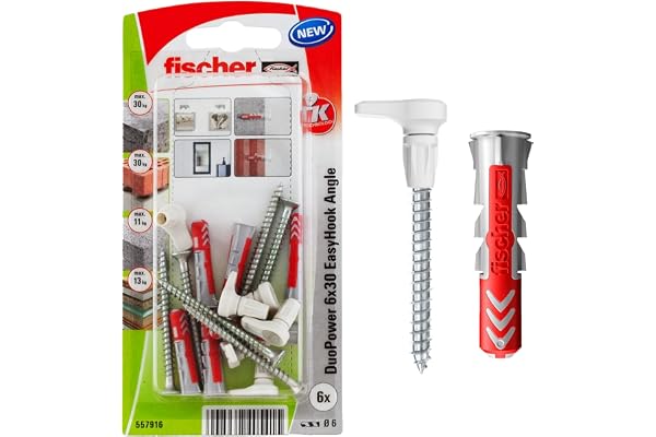 fischer - Crochet EasyHook droit avec cheville DuoPower 6x30 adapté à tout type de support/Paquet de 6