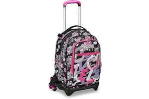Seven Trolley Scuola Jack 3 Ruote, Nero Fucsia, Draft Heart, 3 in 1, Triplo Uso, Zaino Con Carrello Sganciabile, Tasca Porta Borraccia e Crossover System, Zaino Scuola Viaggio, Bambina Ragazza