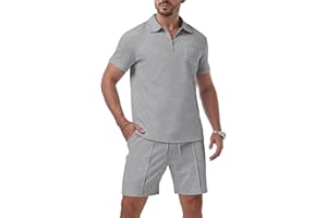 QIXING Mens Shorts and T shirt Sets Polo Colloar Mens Summer 2 Piece Holiday Clothes Co ord Shorts Set with half Zip Tracksuit