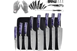 FULLHI 14pcs Juego de Cuchillos Japoneses, Juego de Cuchillos de Cocina de Acero Inoxidable con Mango de Color Morado