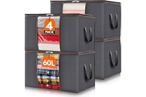 Lifewit 4 Stück Aufbewahrungstasche, Aufbewahrungsbox mit Deckel, Kleiderschrank Organizer Faltbare Kleideraufbewahrung Umzugskartons mit Verstärkt Griff für Bettdecken Kleidung Decke, Grau