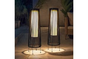 TRIROCKS Outdoor Floor Lamp 2 Piece Solar Powered Lantern Wicker Solar Patio Lamp with Olifen Rope Waterproof Rattan Outside Solar Deck Light for Patio Garden Lawn Yard (Black)