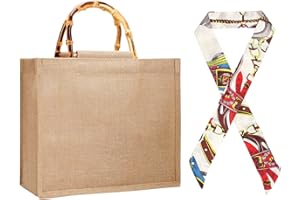 NAEBRO Borsa Per La Spesa Juta Naturale Con Manico In Bambù Artistico Con Sciarpa Di Seta, Portatile In Iuta Ecologica Per Shopping,Picnic,Regali,Viaggi,Spiaggia（33*14*26cm）