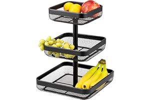 eluno Bandeja Cuadrada de 3 Pisos para Frutas/Pan, frutero, frutero, Cesta de Metal Negro, Mucho Espacio para el Almacenamiento ordenado de Frutas, Verduras, Pan y Aperitivos en la Cocina y el salón