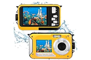 Fotocamera Digitale Impermeabile,Couleeur Macchina Fotografica Subacquea Full HD 2.7K 48MP Doppio Schermo Anti-Shake con Microfono LED Autoscatto e Zoom Digitale 16X per Bambini Adolescenti(giallo)