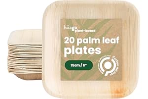 HAAGO 20 Talerzy z Liśćmi Palmowymi (15x15 cm, kwadratowe) Biodegradowalne i Jednorazowe - Ekologiczne Zastawy Stołowe na Piknik i na Zewnątrz - Można Używać w Kuchence Mikrofalowej