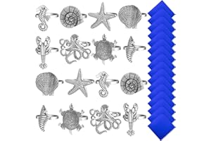 IRENARE 32 Pcs Coastal Theme Sea Shells Metal Napkin Rings and 17 x 17 Inch Satin Napkins Holders for Cloth Napkins Royal Blue Napkins Antique Silver Nautical Serviette Rings Square Table Napkins for Dinner