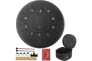 BQKOZFIN 10 Inch Steel Tongue Drum 11 Notes Hand Drum Percussion Instrument Tank Drum Set with Drumsticks, Drumstick stand, Carry Bag, Tutorial Book, Note stickers, Finger cots (Black)