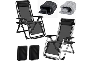 Fiutazge Leżak do opalania, składany, z poduszkami, uchwytem na napoje i poduszką pod głowę, leżak ogrodowy z regulowanym oparciem, oddychający, na basen, do ogrodu, szary + czarny