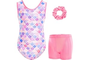 Gogokids Girls' Three-Piece Sleeveless Gymnastics Leotard Set with Shorts & Hair Tie, Kids Glitter Gymnastics Outfits with Rhinestone Accents & Crossback Design Sparkling Ballet Unitards for Age 3-12