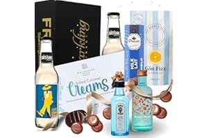 SPARKLING DIRECT Gin Gift Set - Christmas Gifts for Women, Gin Hamper 5cl Bombay Sapphire, 5cl Silent Pool, Salted Caramel Chocolates, Gin Fizz Gummies, Droste Milk Pastilles and 2 Bottles of Artisan Lemon Tonic
