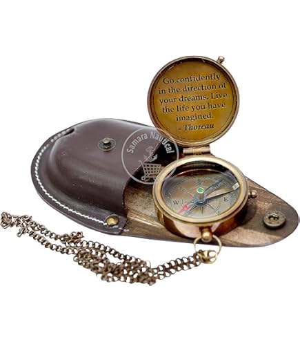 Antique Brass Pocket Compass With Leather Case - Engraved Vintage Compass For Outdoor