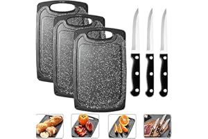 HUIFENGJIE Lot de 3 Planches à découper,Avec 3 Couteaux à Steak,Planche a Decouper Plastique,Couteaux de Cuisine Professionnelle en Acier Inoxydable,Antidérapante et Antibactérienne pour Viande,Légumes & Fruits