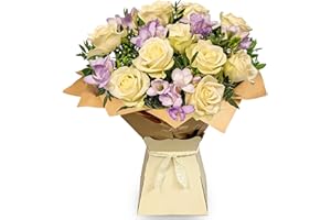 HAPPY PLANTING UK Fresh Flowers Bouquet - Hand-Tied White & Lilac Roses, Freesia & Foliage | Birthday, Mother's Day, Get Well, Thank You | UK Delivery