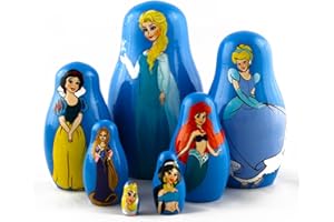 C2A ENTERPRISE Seven Princesses Matryoshka Babushka Wooden Nesting Stacking Dolls Frozen Elsa Cinderella Snow White Ariel Rapunzel Aurora Merida Disney Style, 13.5cm