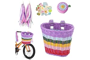 Cesta delantera para bicicleta infantil desmontable, EUBSWA cesta de mimbre delantera con campanas y serpentinas, accesorios para cesta de bicicleta para niñas