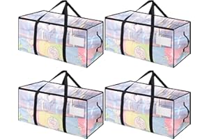 HuiCloud 4 Pack Large Storage Bags,Clear Moving Bags with tag Pocket,Heavy Duty Packing Bags Waterproof Organizer Tote with Zips for Clothes Storage Moving Travelling Camping Packing Supply