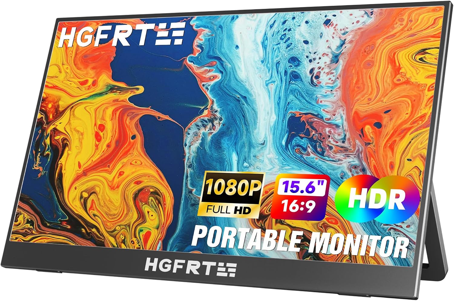HGFRTEE Monitor Portátil de 15,6 Pulgadas, Pantalla Portatil 1080P FHD con HDMI/USB C, Doble Altavoz, Soporte Ajustable, VESA, para Laptop PC Macboo Teléfono Móvil Switch