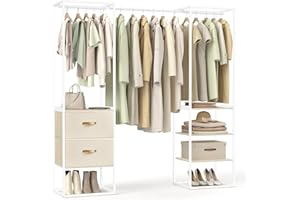 ‎SONGMICS SONGMICS Wieszak na ubrania, otwarta szafa, stojak na szafę, bardzo trwały, 1 wysuwany drążek, 2 szuflady, 4 półki, do sypialni, oszczędzający miejsce, naturalny beż RGR003W67
