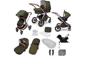 Ickle Bubba Stomp V4, All-in-One-Reisesystem, inklusive Trageschale, wendbarer Kinderwagen (Woodland Green auf Bronze-Chassis, Travel System + Galaxy Autositz)