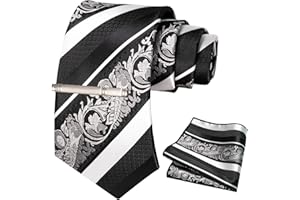 JEMYGINS Ensemble de cravates pour Hommes avec Motif de Roses et de Rayures Mélangées comprenant une Épingle à Cravate et un Mouchoir