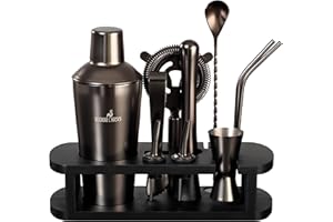 BARMINGO Shaker Cocktail Kit | 11 Pièces, Volume de 700 ML, Noir Métallisé | Shaker Cocktail INOX avec Support et Accessoires de Bar | Set Barman Cocktail Shaker | Kit Cocktail Professionnel