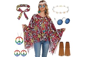 WELLCHY Costume Hippie Donna, Set di 6 Accessori per Costume Hippie, Anni '60 '70 Poncho con con Occhiali Hippie, Adatto per Halloween Martedì Grasso